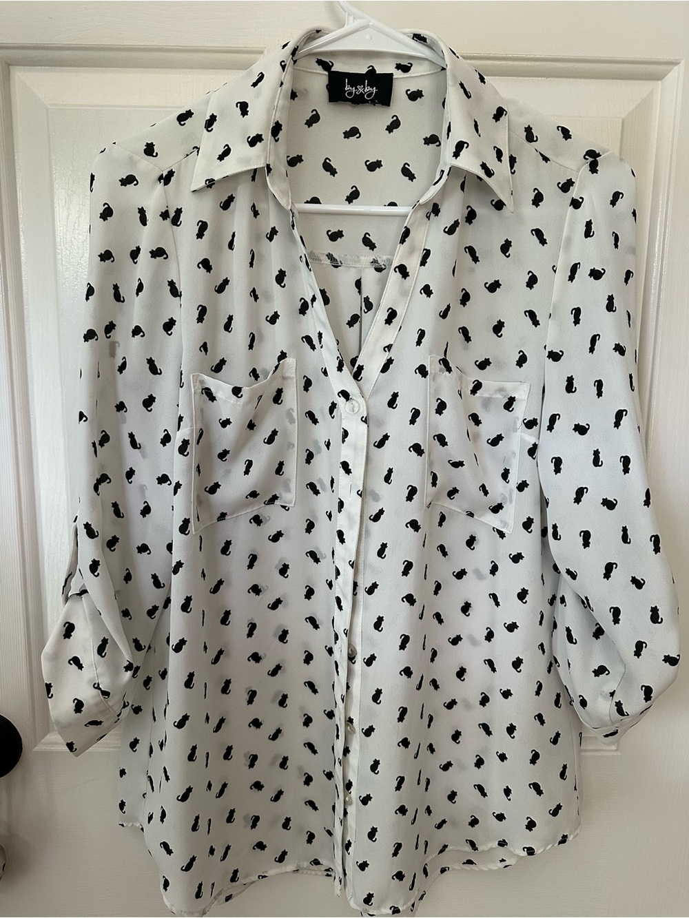 by & by White Blouse with Black Cat Silhouette Print